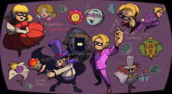 Rule 34 | 1girl, 3boys, blonde hair, blue eyes, bow, bowtie, cape, carpaccio (wario: master of disguise), count cannoli, crown, dolphin, dress, earrings, facial hair, formal, glasses, goodstyle, hand fan, hat, heart, jewelry, ka-bloom!, long hair, multiple boys, mustache, open mouth, poobah the pharaoh, purple background, purple cape, purple suit, red dress, rinabee (rinabele0120), simple background, stuffy the 64th, suit, terrormisu, tiara, top hat, wand, wario: master of disguise, yellow bow, yellow bowtie