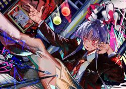 Rule 34 | 1girl, abstract background, animal ears, black jacket, blood, bloody tears, brown skirt, collared shirt, commentary request, distortion, eye trail, feet out of frame, finger gun, highres, jacket, legs, light trail, long hair, long sleeves, looking afar, necktie, open mouth, purple hair, rabbit ears, rabbit girl, red eyes, red necktie, reisen udongein inaba, shirt, sidelocks, sign, skirt, socks, solo, tongue, tongue out, touhou, traffic light, warning sign, white shirt, white socks, yukine 0930