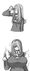 Rule 34 | 1girl, absurdres, blush, breast expansion, breasts, drinking, closed eyes, greyscale, hair over one eye, happy, highres, huge breasts, little witch academia, monochrome, potion, pride-kun, smile, solo, sucy manbavaran, witch
