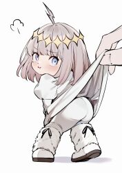 Rule 34 | 2boys, ahoge, ass, back, blonde hair, blue eyes, blush, boots, chibi, chibi inset, clothes lift, commentary request, crown, diamond (shape), diamond crown, diamond hairband, dot nose, dress, dress lift, expressive hair, fate/grand order, fate (series), from behind, full body, fur-trimmed boots, fur boots, fur trim, furrowed brow, hairband, highres, holding, holding clothes, holding dress, long sleeves, looking at another, looking back, male focus, medium hair, multiple boys, oberon (fate), pantyhose, pout, pouting, puffy cheeks, puffy long sleeves, puffy sleeves, sausu hitori, sigh, solo focus, standing, tagme, tearing up, trap, white background, white dress, white footwear, white pantyhose, yellow hairband, yellow headwear