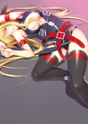 1girl absurdres arm_belt belt black_panties blonde_hair blush breasts fate_testarossa fate_testarossa_(true_sonic_form) highres large_breasts long_hair lying lyrical_nanoha mahou_shoujo_lyrical_nanoha_strikers mikazuki_akira! open_clothes open_shirt panties red_belt red_eyes shirt solo thighhighs underwear very_long_hair