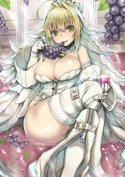 Rule 34 | 10s, 1girl, ahoge, arinotowatari, bad id, bad pixiv id, belt, blonde hair, breasts, bridal veil, chain, cup, detached collar, detached sleeves, drinking glass, fate/extra, fate/extra ccc, fate/grand order, fate (series), food, fruit, full-length zipper, gloves, grapes, green eyes, hair intakes, head wreath, holding, holding cup, holding drinking glass, large breasts, leotard, lock, nero claudius (bride) (fate), nero claudius (bride) (second ascension) (fate), nero claudius (fate), nero claudius (fate) (all), padlock, partially submerged, showgirl skirt, sidelocks, solo, strapless, strapless leotard, thighhighs, veil, white gloves, white leotard, white thighhighs, zipper