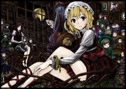 Rule 34 | 3girls, :&lt;, alternate hair color, back, bat wings, blonde hair, book, bookshelf, bow, clock, collar, colorized, cuffs, doll, dress, dress shirt, eyelashes, closed eyes, flandre scarlet, flower, frills, from behind, full moon, grandfather clock, greyscale, handcuffs, hat, head wings, holding, holding book, juliet sleeves, koakuma, leg ribbon, long hair, long sleeves, looking at another, looking at viewer, mob cap, monochrome, moon, multiple girls, night, nobita (makoto7060355), open book, patchouli knowledge, puffy sleeves, reading, red eyes, red hair, ribbon, rose, scarlet devil mansion, shirt, short hair, side ponytail, sidelocks, sitting, skirt, skirt set, sky, smile, star (sky), starry sky, stitches, stuffed animal, stuffed toy, teddy bear, touhou, very long hair, vest, white shirt, window, wings