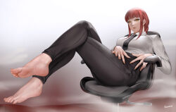 Rule 34 | 1girl, barefoot, chainsaw man, chair, crossed legs, easonx, feet, foreshortening, highres, long hair, looking at viewer, makima (chainsaw man), necktie, office chair, parted lips, red hair, sitting, soles, swivel chair, toes, yellow eyes