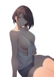 Rule 34 | 1girl, absurdres, bare arms, bare legs, bare shoulders, blue shorts, breasts, brown eyes, brown hair, cleavage, collarbone, eyes visible through hair, hair between eyes, highres, huang (volt0526), large breasts, looking at viewer, makeup, mascara, original, parted lips, short hair, short shorts, shorts, sideboob, simple background, skindentation, solo, tank top, white background, white tank top