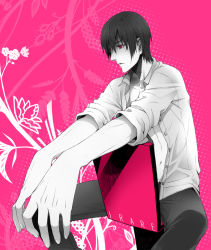 Rule 34 | 1boy, bad id, bad pixiv id, chimachi, flower, foreshortening, male focus, monochrome, original, pink theme, red eyes, short hair, sitting, solo, spot color