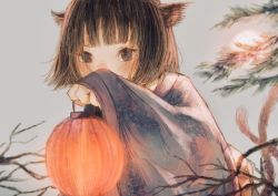 Rule 34 | 1girl, animal ears, brown hair, cat ears, cat girl, cat tail, highres, holding, holding lantern, japanese clothes, kimono, lantern, looking at viewer, orie h, original, paper lantern, short hair, solo, tail, tree