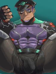 Rule 34 | 1boy, bara, black bodysuit, bodysuit, bulge, covered abs, dark-skinned male, dark skin, facial hair, facial mark, feet out of frame, goatee, hat, highres, impossible clothes, kepi, large pectorals, live a hero, long sideburns, looking at viewer, male focus, male pubic hair, mature male, military hat, muscular, muscular male, navel, navel hair, pectorals, penis, pubic hair, purple bodysuit, purple hair, shaft (live a hero), short hair, sideburns, solo, spread legs, thick eyebrows, thick thighs, thighs, weedwolfeatmeat