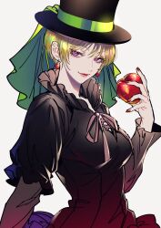 Rule 34 | 1girl, apple, apple earrings, black dress, black hat, blonde hair, boater hat, breasts, closed mouth, demon, demon girl, dress, earrings, fingernails, food, food-themed earrings, food themed earrings, fruit, hand up, hat, highres, holding, holding food, holding fruit, hoozuki no reitetsu, jewelry, lace, lace-trimmed dress, lace trim, lilith (hoozuki no reitetsu), long sleeves, looking at viewer, medium breasts, nail polish, puffy sleeves, purple eyes, red lips, red nails, short hair, sidelocks, simple background, smile, solo, tenobe, upper body, white background