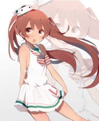 Rule 34 | 10s, 1girl, bare arms, brown eyes, brown hair, dark-skinned female, dark skin, dress, fang, gradient background, harusawa, kantai collection, libeccio (kancolle), long hair, open mouth, sailor collar, sailor dress, solo, tan, twintails, zoom layer