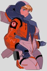Rule 34 | 1girl, absurdres, apex legends, blonde hair, blue gloves, bodysuit, breasts, cropped legs, facial scar, gloves, grey background, highres, hood, hooded bodysuit, jacket, large breasts, long sleeves, looking at viewer, ningensei, scar, scar on cheek, scar on face, short hair, simple background, solo, wattson (apex legends)