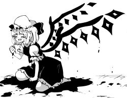 Rule 34 | 1girl, :d, absurdres, between legs, blood, closed eyes, crystal, fang, flandre scarlet, frilled skirt, frilled sleeves, frills, full body, greyscale, hand between legs, hat, hat ribbon, highres, medium hair, mob cap, monochrome, one-hour drawing challenge, one side up, open mouth, puffy short sleeves, puffy sleeves, ribbon, seiza, shirt, short sleeves, side ponytail, simple background, sitting, skirt, smile, solo, teeth, touhou, upper teeth only, vest, wings, yoiyoimochi