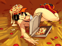 Rule 34 | 1girl, bad id, bad tumblr id, black hair, bottomless, breasts, brown eyes, cheese, commentary, dripping, food, food on head, grey eyes, hair between eyes, hat, hip focus, inline skates, lying, messy, mushroom, object on head, olive, on side, original, pepperoni, pizza, pizza box, polyle, roller skates, roni rollerblader, short hair, sign, skates, smile, solo, valentine