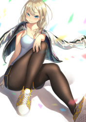 Rule 34 | 1girl, absurdres, ass, bad id, bad pixiv id, black shorts, blonde hair, blue eyes, breasts, brown pantyhose, cleavage, closed mouth, collarbone, confetti, converse, hair between eyes, highres, jacket, jacket on shoulders, legs, pantyhose under shorts, long hair, looking at viewer, low ponytail, making-of available, no bra, open clothes, open jacket, original, pantyhose, shoes, short shorts, shorts, sitting, sneakers, solo, sukajan, tagashiro yui, tank top, white tank top