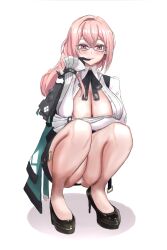 1girl black_footwear black_gloves blush breasts cleavage closed_mouth full_body glasses gloves hair_between_eyes high_heels highres large_breasts long_hair looking_at_viewer lunaliene_ray pink_hair shirt sidelocks smile solo tsukishiro_yanagi white_shirt zenless_zone_zero