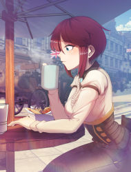 Rule 34 | 1girl, absurdres, black pants, blue eyes, blue sky, breasts, center frills, chair, cloud, commentary request, cup, day, frills, frostblossom, hair between eyes, highres, holding, holding cup, juliet sleeves, korean commentary, long sleeves, medium breasts, mug, on chair, original, outdoors, pants, parasol, profile, puffy sleeves, red hair, shirt, sitting, sky, solo, table, umbrella, union jack, white shirt