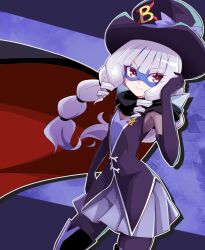 Rule 34 | 1girl, black cape, black footwear, black gloves, black hat, black pantyhose, black scarf, black shirt, blouse, blunt bangs, boots, cape, closed mouth, commentary, cowboy shot, delicious party precure, domino mask, drill hair, drill sidelocks, elbow gloves, gentlu (precure), gloves, grey hair, grey skirt, hair tie, hand in own hair, hat, highres, kasai amane, long hair, looking at viewer, mask, miniskirt, pantyhose, pleated skirt, precure, red cape, red eyes, scarf, shirt, sidelocks, skirt, sleeveless, sleeveless shirt, smile, solo, standing, thigh boots, top hat, twintails, usoco, wind