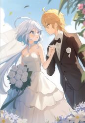 Rule 34 | 1boy, 1girl, aether (genshin impact), ahoge, alternate costume, bare shoulders, black bow, black bowtie, black jacket, black pants, blonde hair, blue eyes, blue hair, blue sky, blush, bouquet, bow, bowtie, braid, breasts, bridal veil, bride, cloud, commission, day, dress, earrings, flower, furina (genshin impact), genshin impact, hair between eyes, hetero, holding, holding bouquet, holding hands, interlocked fingers, jacket, jewelry, leaf, light blue hair, long hair, long sleeves, looking at another, multicolored hair, open mouth, outdoors, pants, rose, shirt, single braid, sky, smile, strapless, strapless dress, tuxedo, veil, wedding, wedding dress, white dress, white flower, white hair, white rose, white shirt, yellow eyes, yiran kuxiao