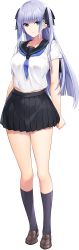 Rule 34 | 1girl, 3:, absurdres, arms at sides, black socks, blue eyes, breasts, closed mouth, full body, game cg, hair ribbon, hibiki works, highres, iizuki tasuku, kneehighs, large breasts, light purple hair, loafers, long hair, looking at viewer, midriff, navel, non-web source, pleated skirt, ribbon, school uniform, serafuku, shoes, sidelocks, skirt, socks, solo, standing, suiren to shion, tachi-e, transparent background, two side up, wakami shion