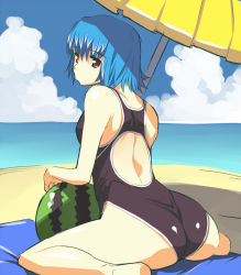 Rule 34 | ass, barefoot, beach, blue hair, competition swimsuit, day, food, fruit, kneeling, one-piece swimsuit, red eyes, ryuuta, ryuuta (msxtr), short hair, sitting, solo, swimsuit, wariza, watermelon