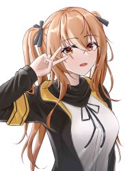 Rule 34 | 1girl, absurdres, arm up, black jacket, black ribbon, black scarf, breasts, brown eyes, brown hair, girls&#039; frontline, hair ribbon, highres, jacket, long hair, long sleeves, looking at viewer, medium breasts, neck ribbon, one smoke, open clothes, open jacket, open mouth, ribbon, scar, scar across eye, scarf, shirt, simple background, solo, twintails, ump9 (girls&#039; frontline), upper body, v, white background, white shirt