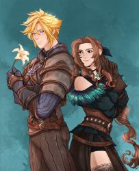 Rule 34 | 1boy, 1girl, absurdres, aerith gainsborough, armor, back-to-back, blonde hair, blue eyes, braid, brown hair, chocobo, cloud strife, cosplay, feather trim, feathers, final fantasy, final fantasy vii, geralt of rivia, green eyes, hair ribbon, highres, khijenn, leather armor, long hair, long sleeves, pants, ribbon, sidelocks, spiked hair, the witcher (series), thighhighs, yennefer
