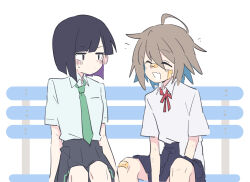 Rule 34 | 2girls, ahoge, arms between legs, bandaid, bandaid on cheek, bandaid on face, bandaid on knee, bandaid on leg, bandaid on nose, black skirt, blush, brown hair, closed eyes, collared shirt, dirty, do it yourself!!, green necktie, highres, jitome, multiple girls, neck ribbon, necktie, on bench, pleated skirt, purple eyes, purple hair, red ribbon, ribbon, seal 007, shirt, shirt partially tucked in, shirt tucked in, short hair, short sleeves, simple background, sitting, skirt, small sweatdrop, suride miku, white background, white shirt, yua serufu