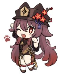 Rule 34 | 1girl, :3, blush, boater hat, brown coat, brown hair, brown headwear, brown shorts, chibi, coat, genshin impact, hair flaps, highres, hu tao (genshin impact), long hair, long sleeves, low twintails, marimo jh, one eye closed, open mouth, paw pose, shorts, simple background, smile, socks, solo, twintails, very long hair, white background, white socks