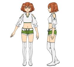 Rule 34 | 1girl, belt, boots, brown hair, character sheet, cropped shirt, from side, full body, green shorts, kanne (sousou no frieren), midriff, navel, official art, profile, shirt, short hair, short sleeves, shorts, sousou no frieren, straight-on, thigh boots, transparent background, two side up, white belt, white footwear, white shirt