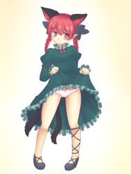 Rule 34 | 1girl, animal ears, braid, cat ears, cat tail, clothes lift, dress, dress lift, frilled dress, frills, isaki (gomi), kaenbyou rin, multiple tails, pink eyes, red hair, short hair, tail, touhou, twin braids