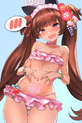 Rule 34 | 1girl, :d, bare shoulders, bikini, blue archive, blue background, blush, breasts, brown hair, choker, fang, flower, frills, gluteal fold, hair flower, hair ornament, hei (heiyohei), highres, long hair, looking at viewer, maid headdress, navel, open mouth, pink bikini, pubic tattoo, purple eyes, shizuko (blue archive), shizuko (swimsuit) (blue archive), simple background, small breasts, smile, solo, spoken blush, sweat, swimsuit, tattoo, twintails, very long hair
