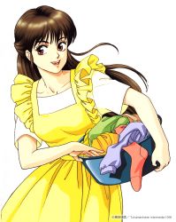 Rule 34 | 1990s (style), 1996, 1girl, basket, brown eyes, brown hair, copyright notice, dated, dress, highres, holding, holding basket, laundry basket, long hair, open mouth, pc engine fan, retro artstyle, short sleeves, simple background, solo, takada akemi, white background, yellow dress