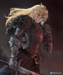 Rule 34 | 1girl, armor, black armor, blonde hair, blood, blood on face, blood on clothes, blood in hair, bloody weapon, blue eyes, breastplate, commentary request, commission, cowboy shot, embers, flower, gauntlets, hair between eyes, highres, holding, holding flower, holding sword, holding weapon, knight, long hair, original, plate armor, pointy ears, robusta mania, smoke, solo, standing, sword, twitter logo, twitter username, watermark, weapon