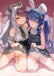 Rule 34 | 2girls, :3, absurdres, amamiya kokoro, amamiya kokoro (8th costume), animal ears, bar censor, bare shoulders, barefoot, bear ears, bear hair ornament, bed, black bow, black skirt, blue hair, blue shirt, blush, bow, breasts, brown hair, brown hairband, brown necktie, censored, center frills, detached sleeves, double bun, fake animal ears, frills, grey hair, grey shirt, grey skirt, hair bun, hair ornament, hairband, high-waist skirt, highres, lifted by self, long hair, looking at viewer, medium breasts, miniskirt, multicolored hair, multiple girls, necktie, nijisanji, no panties, official alternate costume, paid reward available, parted lips, petticoat, plaid necktie, pleated skirt, pom pom (clothes), pom pom hair ornament, pussy, rabbit ears, rabbit hair ornament, red eyes, red hair, shiromochimikan, shirt, side-tie skirt, sitting, skirt, sleeveless, sleeveless shirt, sleeveless sweater, smile, split-color hair, streaked hair, sweater, take your pick, thighs, turtleneck, twintails, underwear, very long hair, virtual youtuber, white hairband, x hair ornament, yellow eyes, yorumi rena, yorumi rena (11th costume)