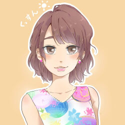 Rule 34 | 1girl, blush, brown eyes, brown hair, collarbone, commentary request, dress, earrings, heart, heart earrings, highres, jewelry, kashikaze, kusuda aina, looking at viewer, outline, parted lips, pink lips, real life, short hair, sidelocks, simple background, sleeveless, sleeveless dress, solo, upper body, voice actor, white outline, yellow background