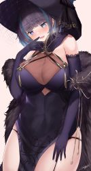 Rule 34 | 1girl, azur lane, bare shoulders, black headwear, blue eyes, blue hair, blush, breasts, capelet, cheshire (azur lane), cheshire (cait sith crooner) (azur lane), china dress, chinese clothes, cleavage, dress, feather boa, fur-trimmed capelet, fur trim, gloves, heart, heart-shaped pupils, highres, large breasts, long hair, megumi kei, official alternate costume, panties, purple dress, purple gloves, see-through, see-through cleavage, sleeveless, sleeveless dress, solo, string panties, symbol-shaped pupils, thighs, underwear