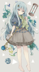 Rule 34 | 1girl, absurdres, animal, animal on head, bad id, bad pixiv id, barefoot, black jacket, blue eyes, blue flower, blue hair, bow, brown dress, bug, butterfly, commentary, dress, flower, full body, green bow, green flower, green rose, grey background, hair between eyes, hair ornament, highres, holding, holding staff, hourglass, insect, jacket, long hair, on head, orb, original, pleated dress, puffy short sleeves, puffy sleeves, rose, short eyebrows, short sleeves, simple background, solo, staff, symbol-only commentary, thick eyebrows, tsukiyo (skymint), very long hair