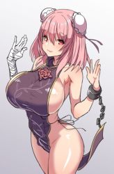 Rule 34 | 1girl, amamiya (abaros), bandages, bandaged arm, bandages, bare shoulders, breasts, bun cover, chain, cowboy shot, cuffs, double bun, flower, grey background, hair between eyes, hands up, huge breasts, ibaraki kasen, long hair, looking at viewer, naked tabard, parted lips, pink hair, red eyes, red flower, red rose, rose, shackles, simple background, sketch, solo, standing, tabard, touhou