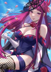 Rule 34 | 1girl, bare shoulders, breasts, cleavage, dress, elbow gloves, fascinator, fire emblem, fire emblem engage, flower, gloves, highres, ivy (fire emblem), jewelry, large breasts, long hair, looking at viewer, mole, mole under mouth, nintendo, purple eyes, purple hair, rose, sitting, smile, snow20200, solo, white gloves