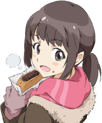 Rule 34 | 10s, 1girl, brown hair, eating, food, food on face, green eyes, katayama minami, looking back, mittens, open mouth, scarf, solo, twintails, umanosuke, wake up girls!