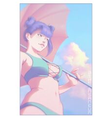 Rule 34 | 1girl, artist name, bikini, blunt bangs, breasts, cleavage, cloud, cross-laced bikini, cross-laced clothes, double bun, from below, from side, hair bun, holding, holding umbrella, lips, looking afar, medium breasts, midriff, navel, original, outdoors, parasol, parted lips, purple hair, single sidelock, smile, solo, swimsuit, the insaneum, umbrella, upper body