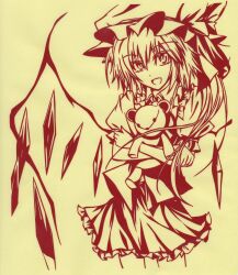 Rule 34 | 1girl, collared shirt, cowboy shot, crystal, flandre scarlet, frilled shirt collar, frilled skirt, frills, hat, hat ribbon, head tilt, highres, holding, holding stuffed toy, long hair, looking at viewer, mob cap, monochrome, msumisa, one side up, open mouth, puffy short sleeves, puffy sleeves, ribbon, shirt, short sleeves, skirt, solo, stuffed animal, stuffed toy, teddy bear, touhou, vest, wings