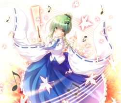 Rule 34 | 1girl, alternate hairstyle, bare shoulders, black scrunchie, blue necktie, blue skirt, commentary request, detached sleeves, eyes visible through hair, frilled skirt, frills, frog hair ornament, gohei, green hair, hair bun, hair ornament, hair scrunchie, kochiya sanae, leaf, long hair, long skirt, looking at viewer, maple leaf, musical note, navel, necktie, osashin (osada), ribbon-trimmed sleeves, ribbon trim, scrunchie, shirt, single hair bun, skirt, sleeveless, sleeveless shirt, smile, snake hair ornament, solo, touhou, white shirt, wide sleeves, wing collar, yellow eyes