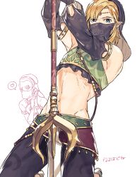 Rule 34 | 1boy, blue eyes, circlet, crossdressing, detached sleeves, earrings, ebira, gerudo, gerudo set (zelda), harem pants, holding, holding polearm, holding weapon, jewelry, light brown hair, link, looking at viewer, male focus, midriff, mouth veil, nintendo, pants, pointy ears, polearm, sidelocks, simple background, solo focus, spear, the legend of zelda, the legend of zelda: breath of the wild, translated, veil, weapon
