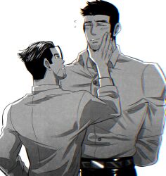 Rule 34 | 2boys, arms behind back, bara, beard, black hair, blush, buzz cut, collared shirt, facial hair, flying sweatdrops, goatee stubble, golden kamuy, grabbing another&#039;s chin, greyscale, hand on another&#039;s chin, height difference, highres, kon likes corn, large pectorals, long sideburns, male focus, mature male, monochrome, multiple boys, muscular, muscular male, nervous smile, ogata hyakunosuke, pectorals, shirt, short hair, sideburns, smile, stubble, tanigaki genjirou, thick eyebrows, upper body, very short hair, yaoi