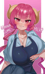 Rule 34 | 1girl, absurdres, apron, blue apron, blue shirt, border, breasts, breasts squeezed together, dragon claw, dragon girl, dragon horns, dragon tail, english text, engrish text, gradient background, highres, horns, huge breasts, ilulu (maidragon), kobayashi-san chi no maidragon, looking at viewer, nia (nia4294), pink background, pink eyes, pink hair, pointy ears, ranguage, shirt, shortstack, solo, tail, white border, yellow horns
