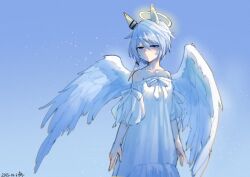 Rule 34 | 1girl, alternate costume, animal ears, arms at sides, artist logo, bare shoulders, blue eyes, blue hair, breasts, closed mouth, collarbone, dated, dress, ear covers, expressionless, feathered wings, half-closed eyes, halo, highres, horse ears, k.s.miracle (umamusume), medium hair, off-shoulder dress, off shoulder, saramiao-chan, small breasts, solo, umamusume, white dress, wings