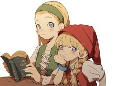 Rule 34 | 2girls, blonde hair, book, braid, closed mouth, d.y.x., dragon quest, dragon quest xi, dress, green hairband, hair pulled back, hairband, hat, holding, holding book, long hair, long sleeves, looking at viewer, multiple girls, open book, purple eyes, red headwear, senya (dq11), short sleeves, simple background, twin braids, upper body, veronica (dq11), white background