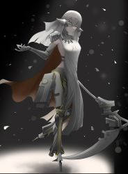 Rule 34 | 1girl, black background, breasts, closed mouth, dress, girls&#039; frontline, grey eyes, grey hair, highres, holding, holding scythe, long hair, looking at viewer, mechanical arms, mechanical legs, nyto (girls&#039; frontline), alina (girls&#039; frontline), one eye closed, paradeus, scythe, single mechanical arm, small breasts, snowflakes, solo, thatob, white dress, white hair