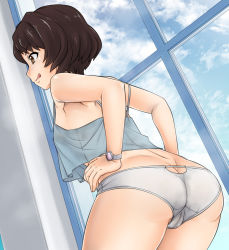 Rule 34 | 1girl, :p, ass, blue shirt, breasts, brown eyes, brown hair, cameltoe, camisole, closed mouth, cloud, cloudy sky, cowboy shot, crotch seam, day, dutch angle, from behind, hands on own hips, highres, indoors, leaning forward, nurugamer-kouyouju, panties, shinmon megumi, shirt, short hair, sky, small breasts, solo, spaghetti strap, standing, tomica hyper rescue drive head: kidou kyuukyuu keisatsu, tongue, tongue out, trefoil, underwear, underwear only, watch, white panties, window, wristwatch